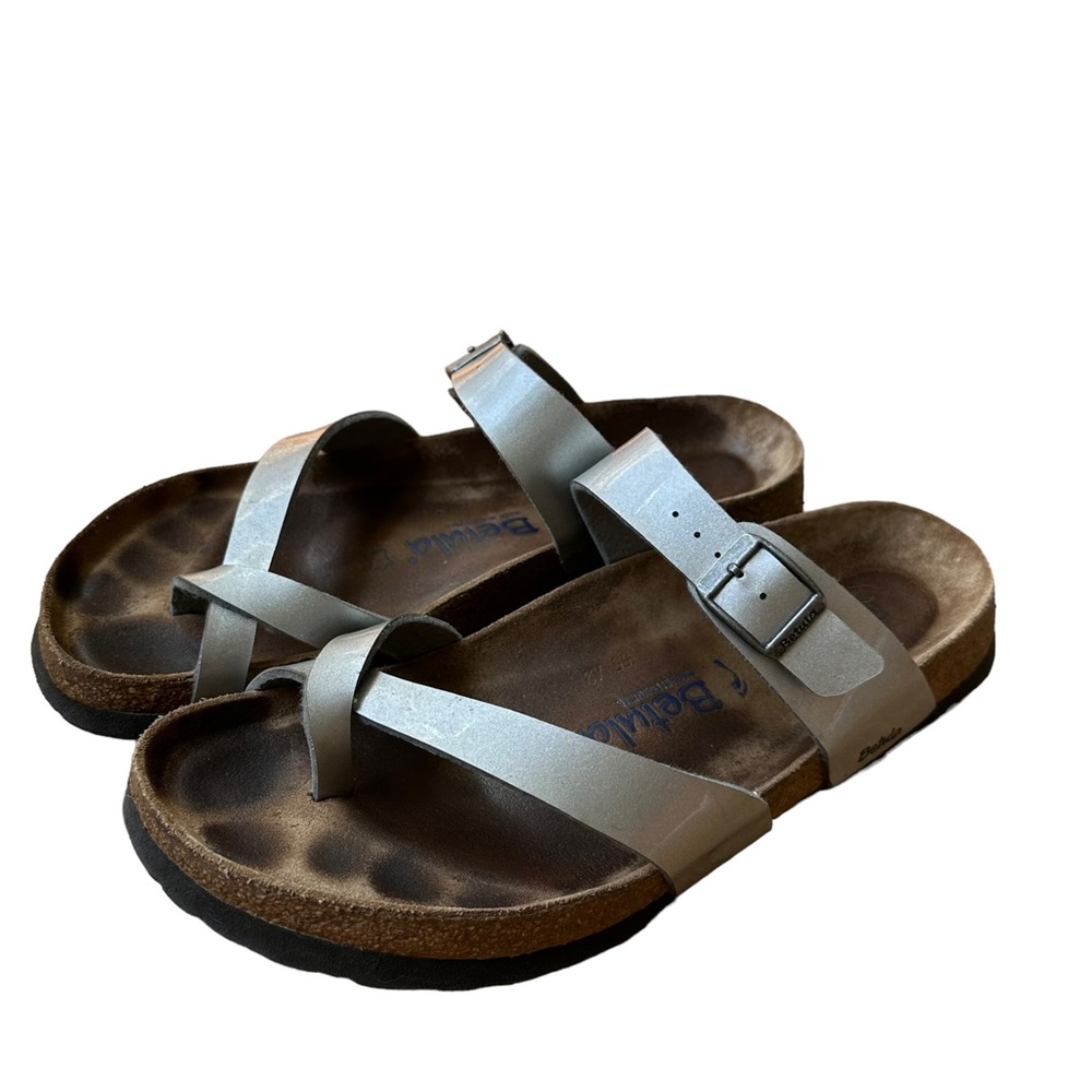 Betula Women's Silver Mayari Leather Adjustable Strap Slip On Slide Sandal Sz.11